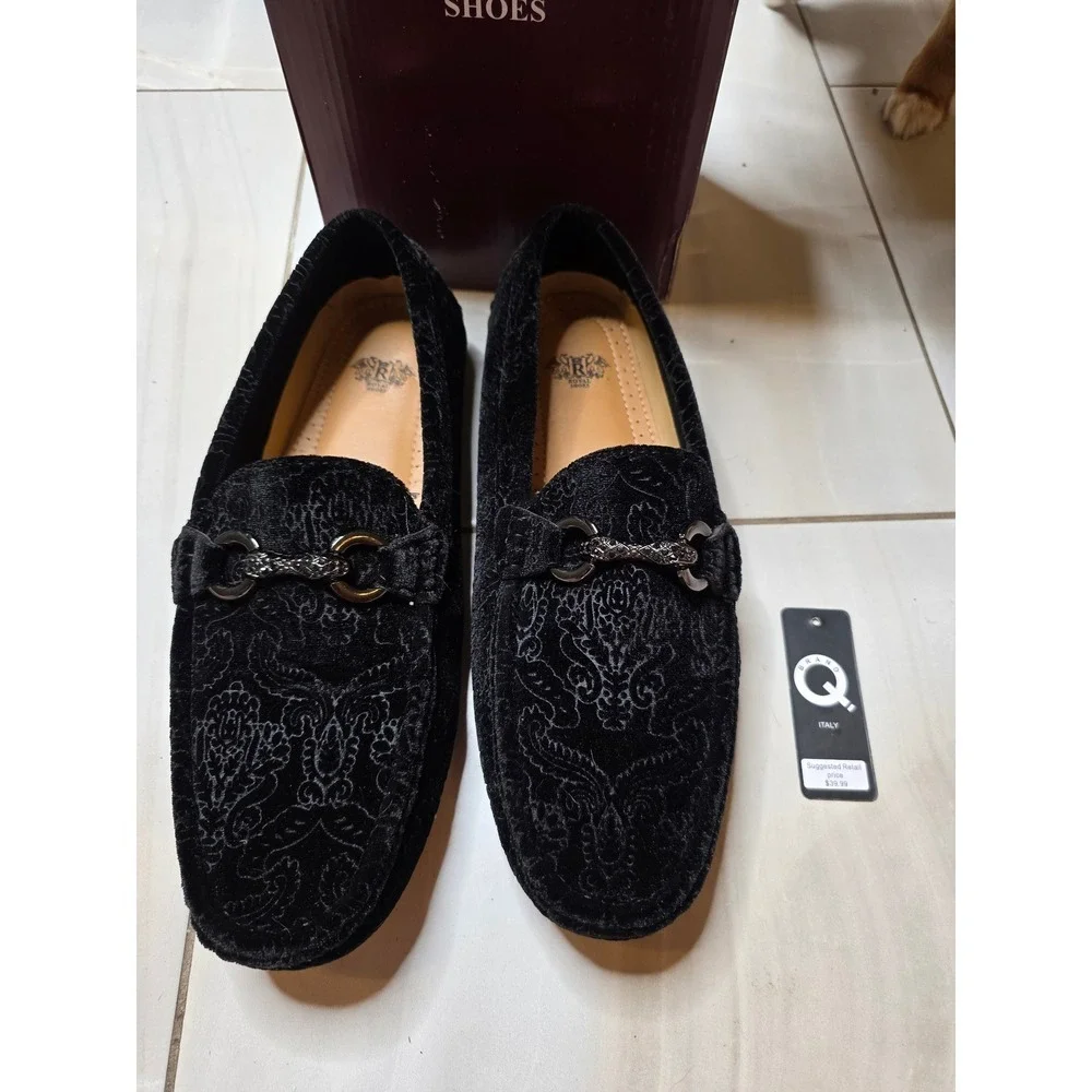 Royal Shoes Mens Black Velvet Paisley Damask Bit Loafers MOC-107 Size 8.5‎ NEW